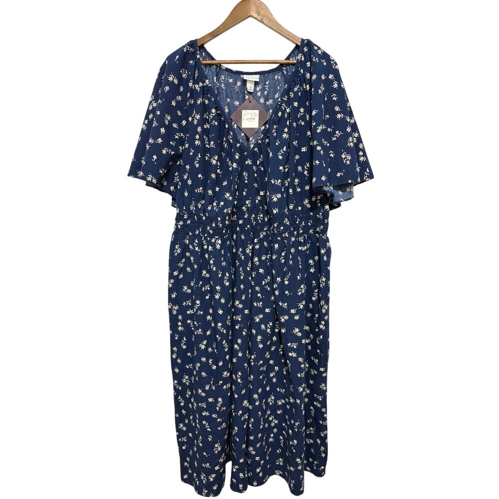 Ava & Viv Womens 2X Midi Dress NWT Navy Floral Smocked Waist Cotton Pockets
